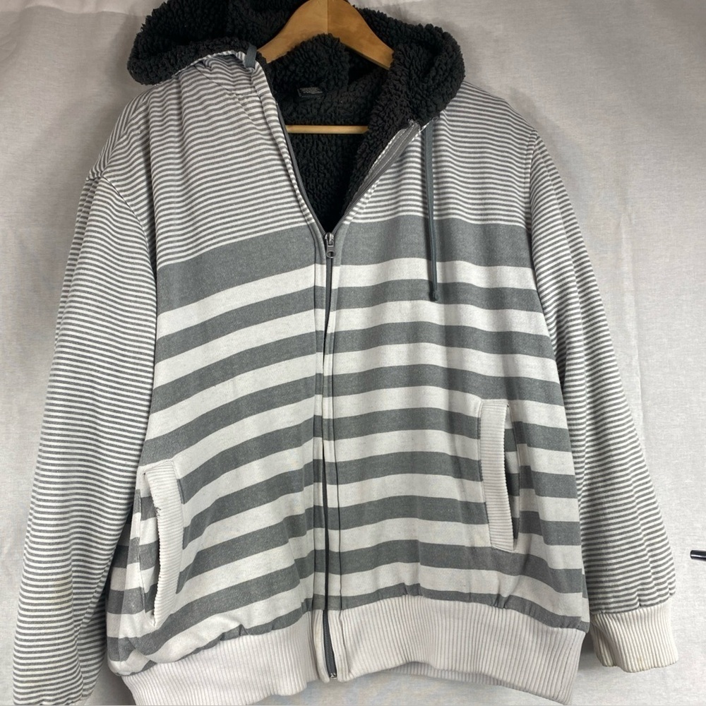 OP OCEAN PACIFIC MENS JACKET L GRAY STRIPE SHERPA FLEECE HOODIE ZIP SWEATSHIRT
